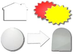 Die cut corrugated plastic shapes, house cut, star, arrow, circle, star burst, diamond, white, yellow, red, 4mm white corrugated plastic sheets